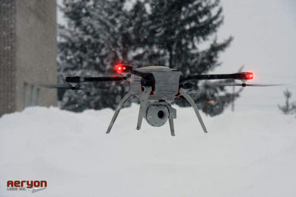 The small UAS platform is equipped with integrated imaging payloads and custom payloads to collect high quality imagery and data. Image courtesy of Aeryon Labs Inc.